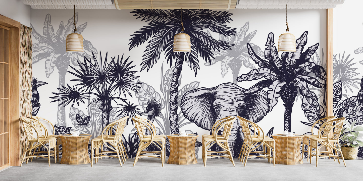 Tropical wildlife mural with vibrant animals and lush nature.