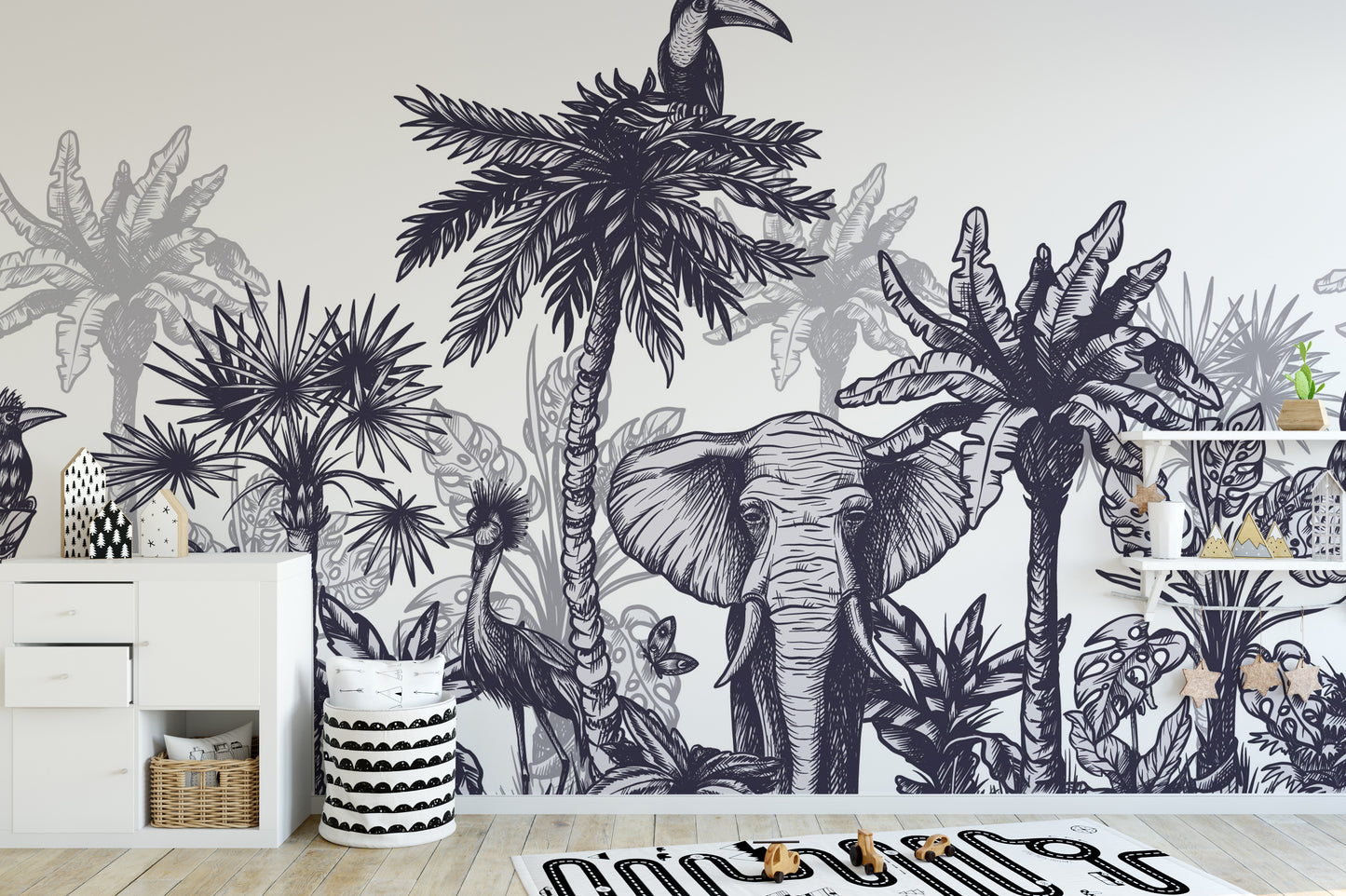 Tropical paradise mural featuring vibrant wildlife and greenery.