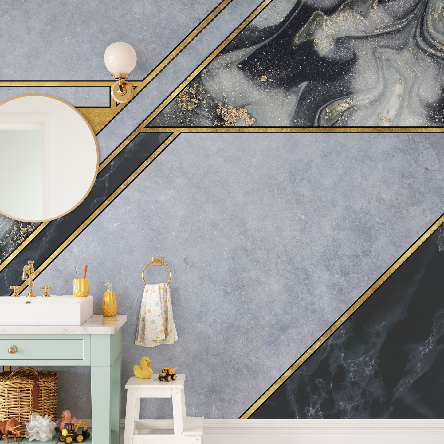 Artistic wall mural featuring realistic marble patterns.