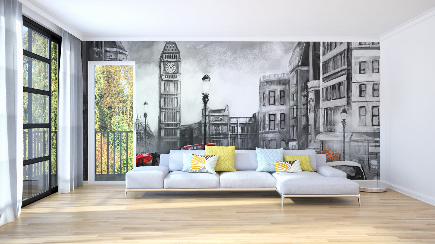 London city mural featuring a hand-drawn pencil sketch aesthetic.