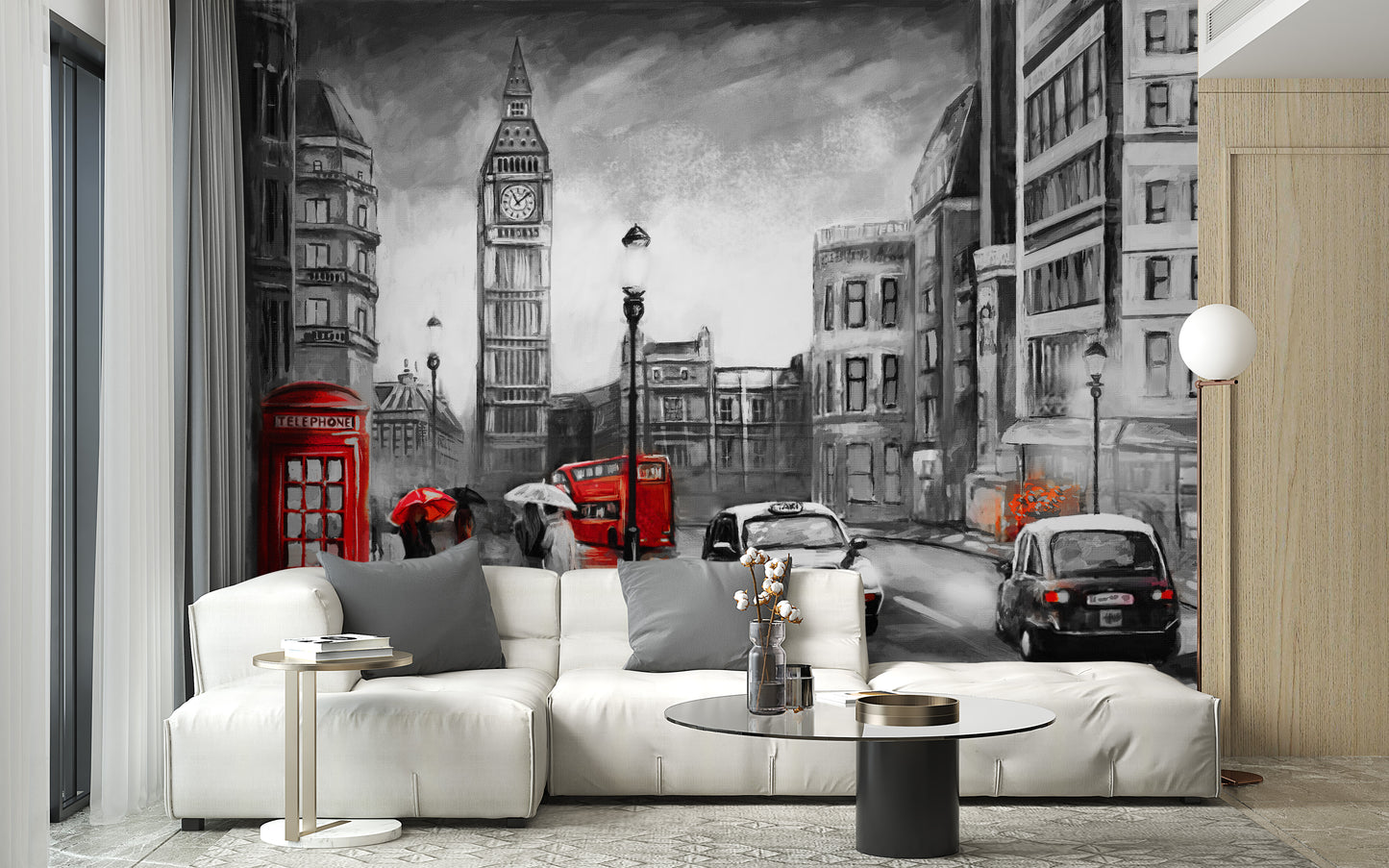 Pencil sketch London mural for elegant and urban-inspired interiors.