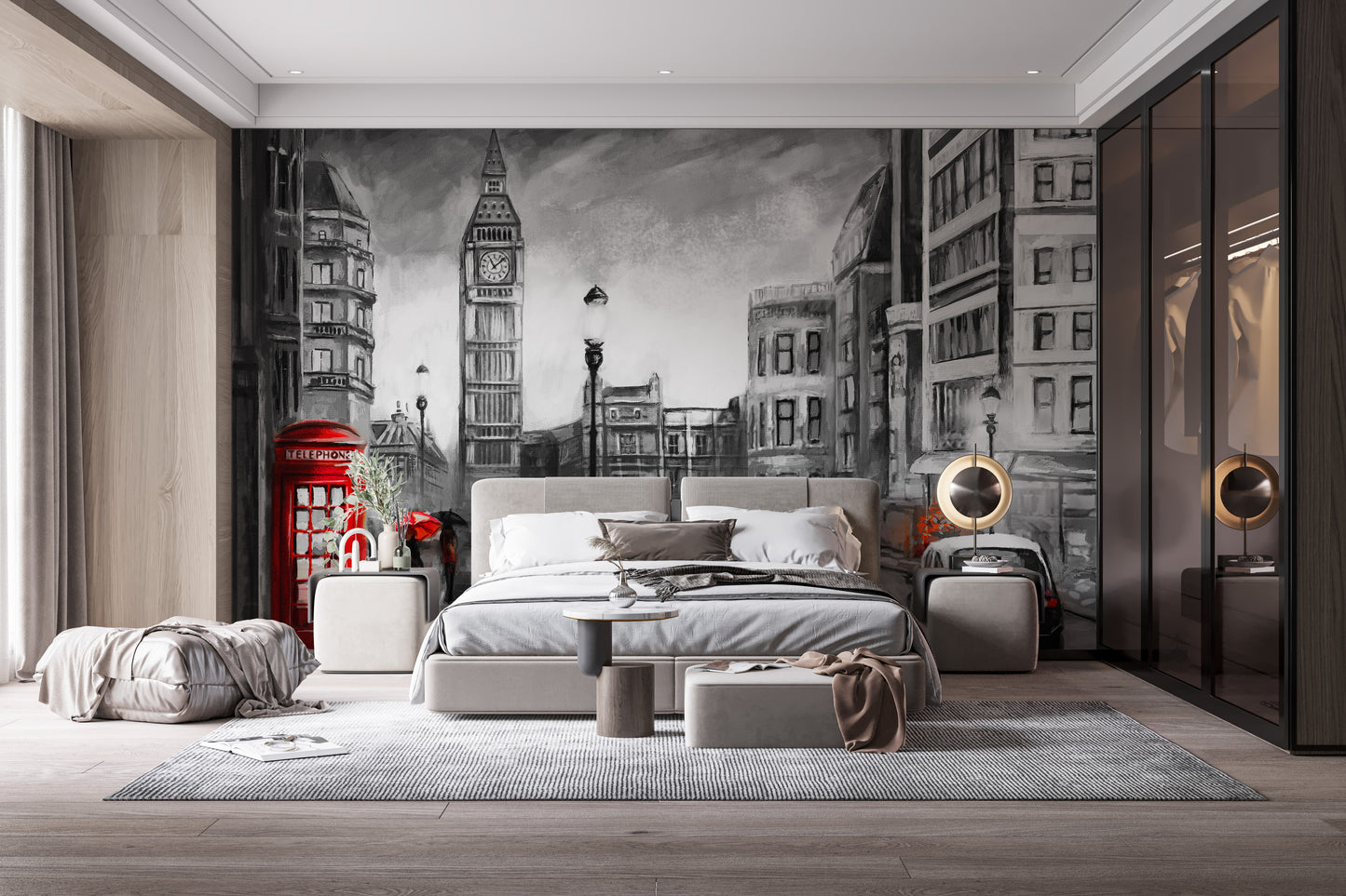 London city view mural with a detailed pencil sketch design.