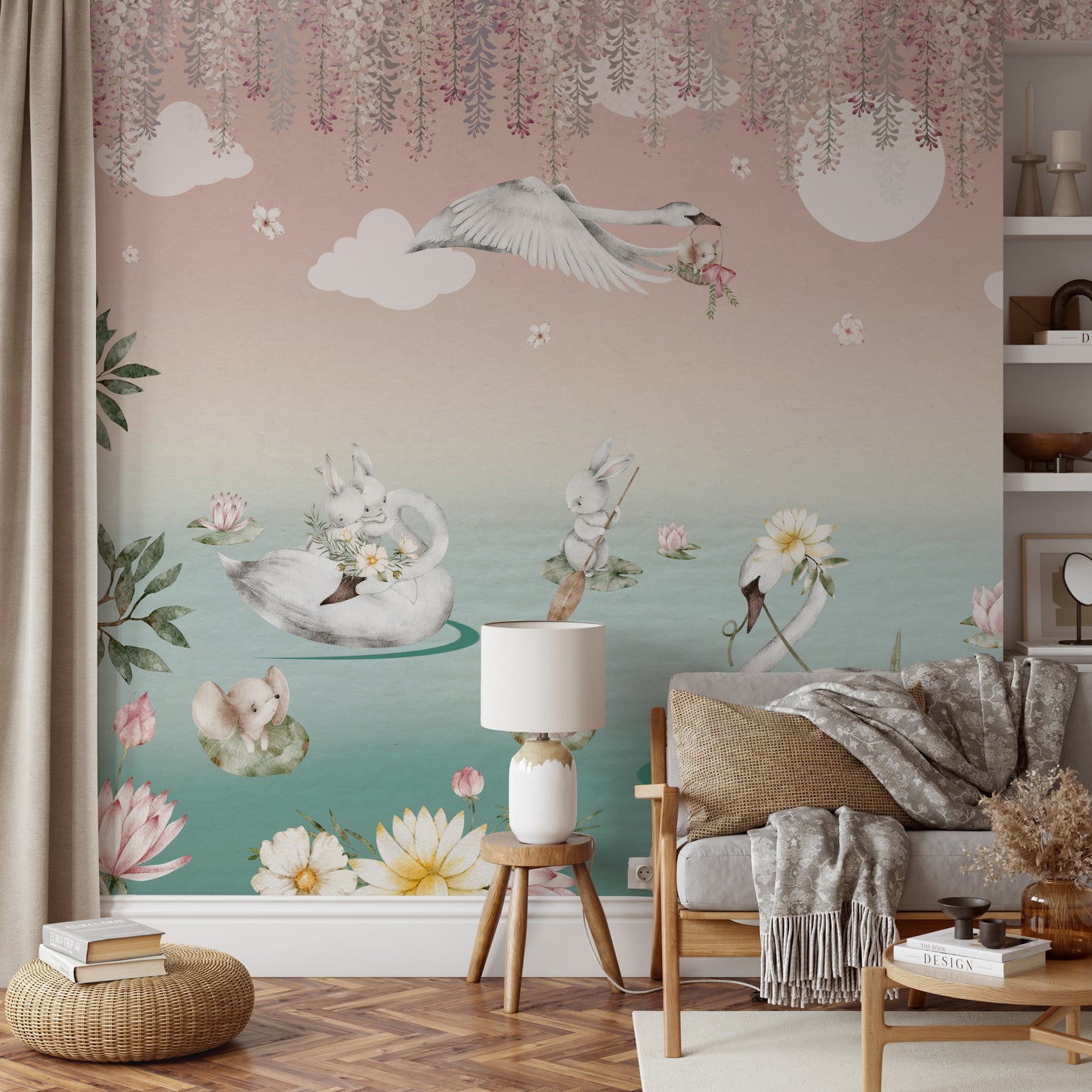 Whimsical swan lake with rabbits, flowers, and floating lilies.