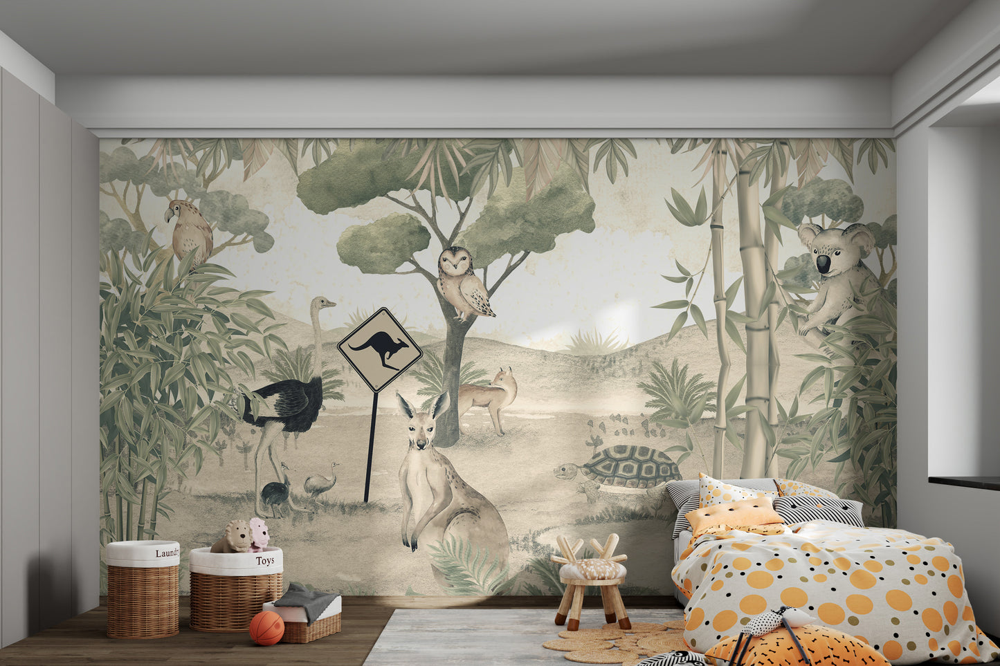 An emu and ostrich walk near a turtle and kangaroo in an Australian-inspired mural.