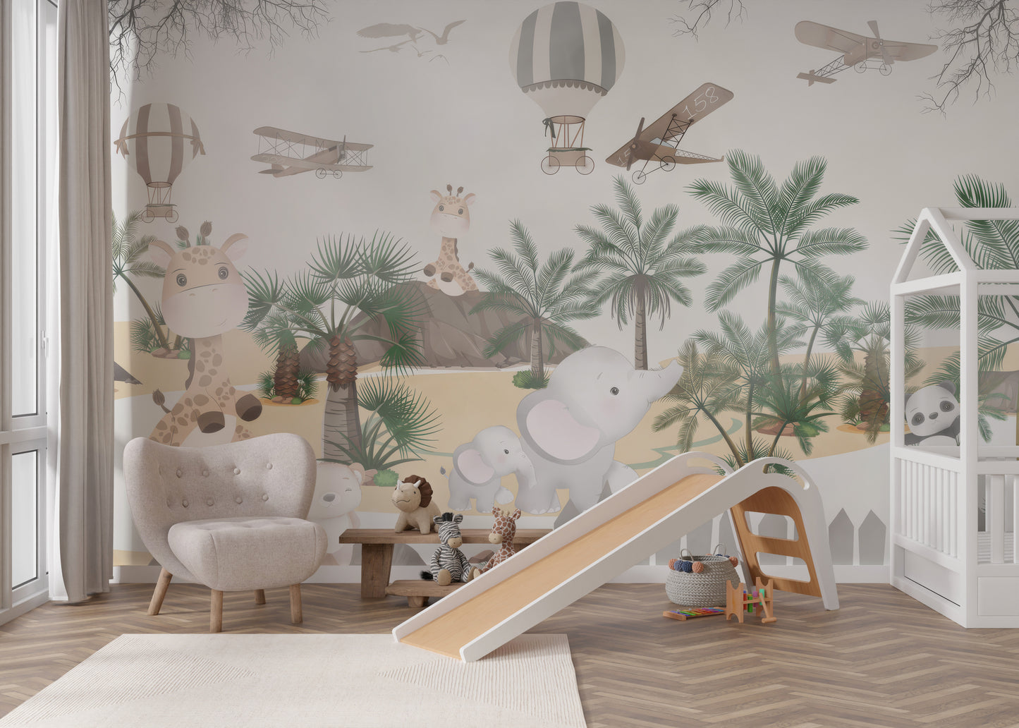 Jungle wall mural with animals, hot air balloons, and desert landscape.