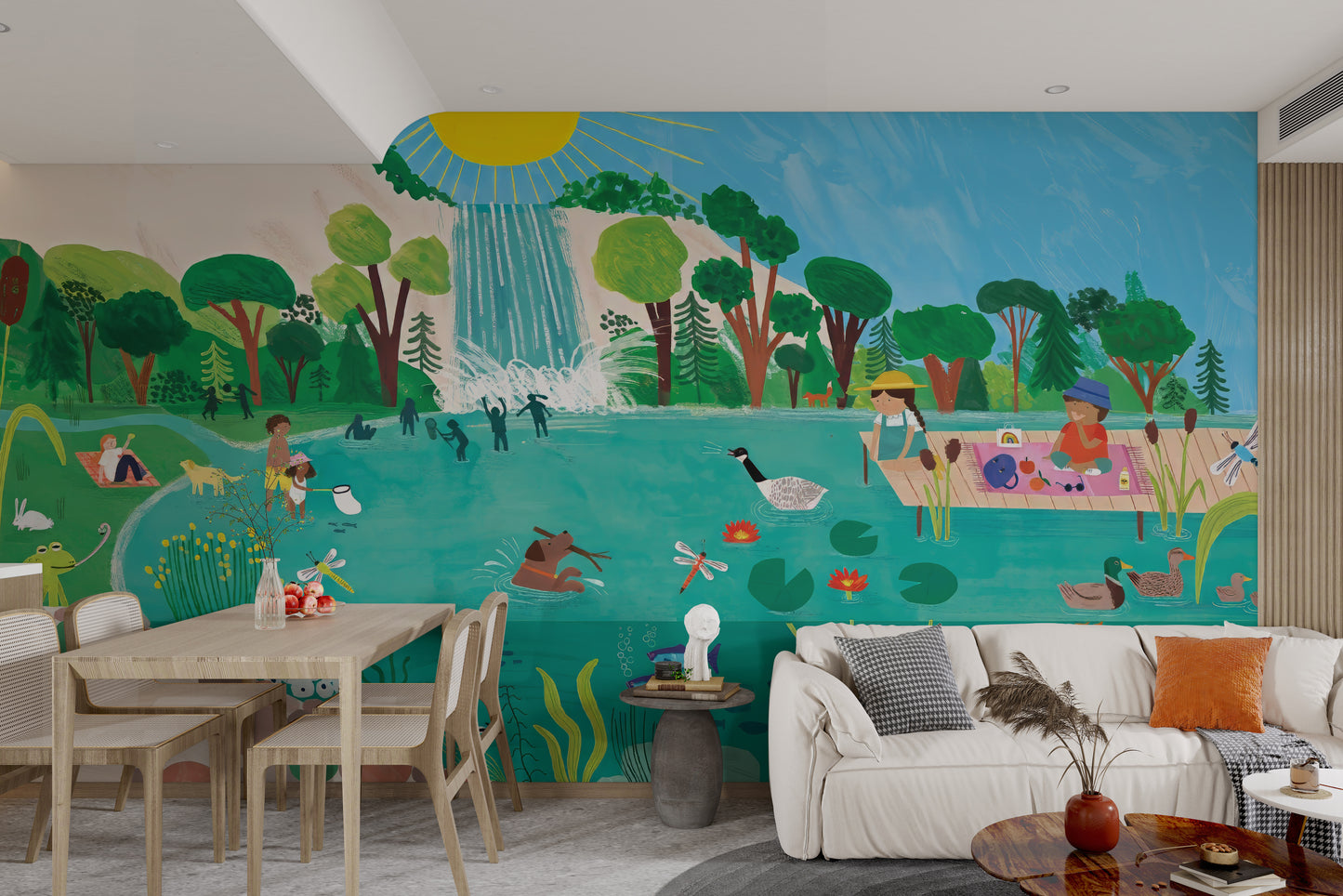 Scenic lake with children playing, animals swimming, and a vibrant landscape.