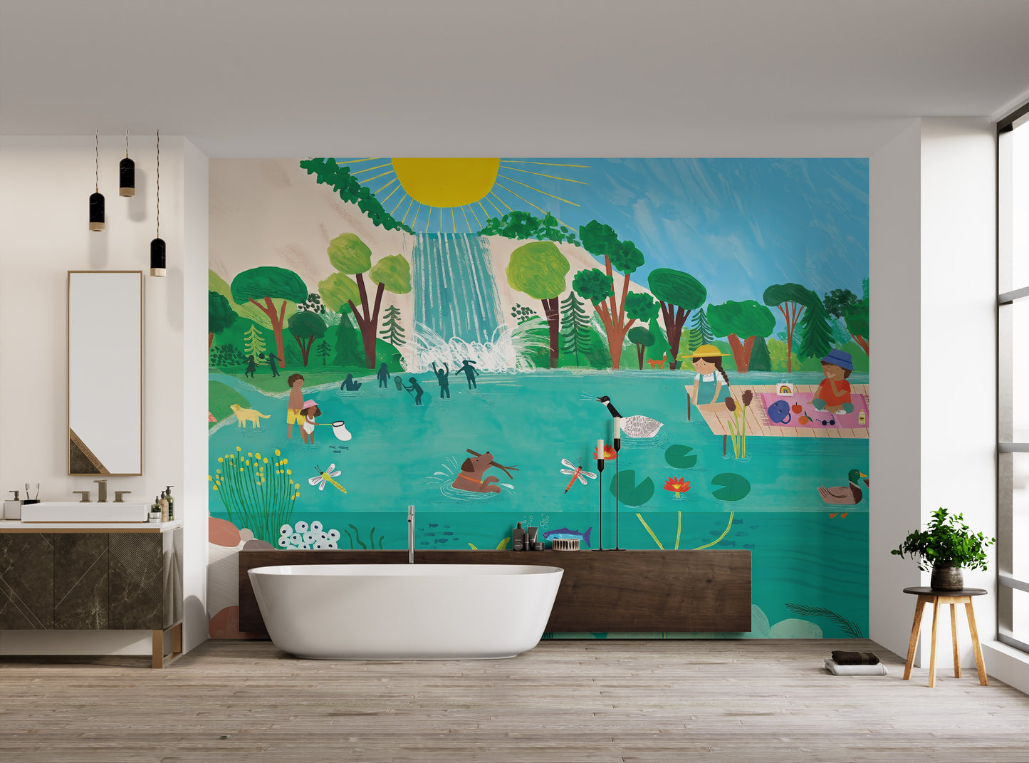 Children having fun swimming by the lake with a peaceful forest backdrop.