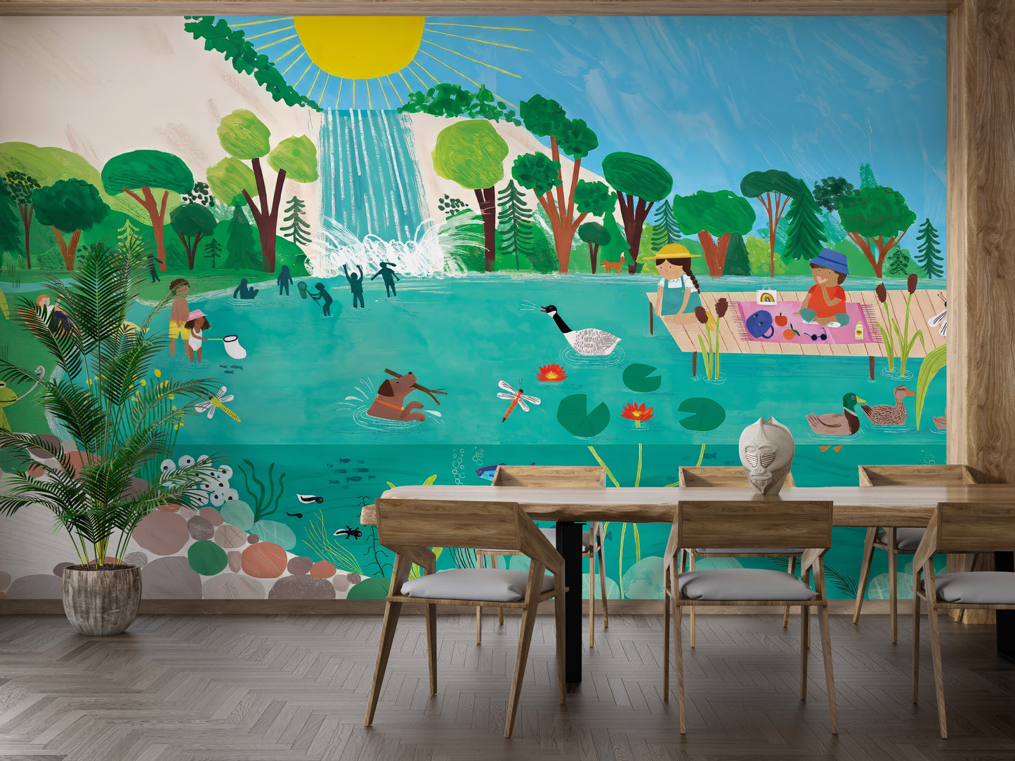 Summer day with children swimming, animals playing, and a forest picnic.