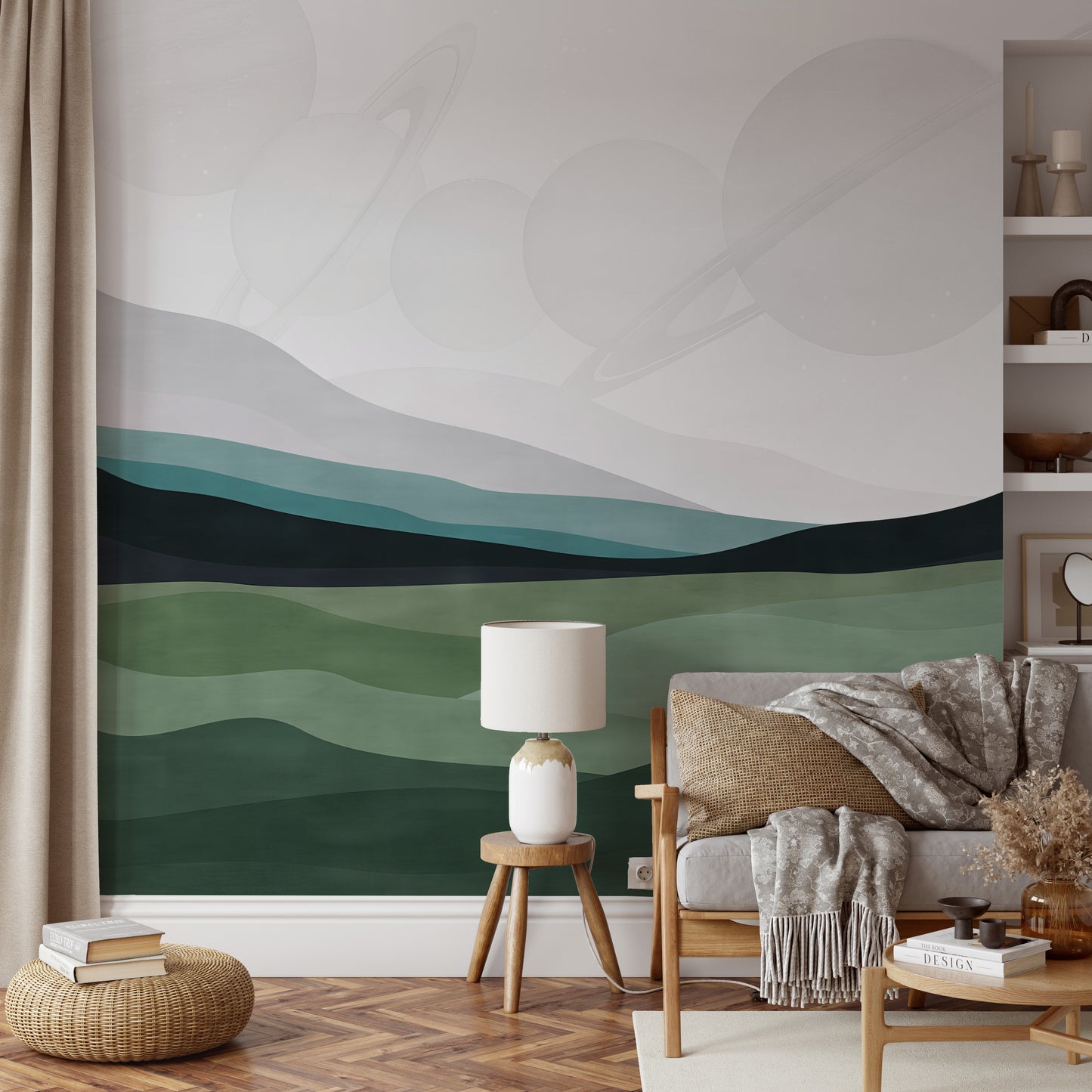 Distant planets hover over abstract hills in this cosmic-themed design.