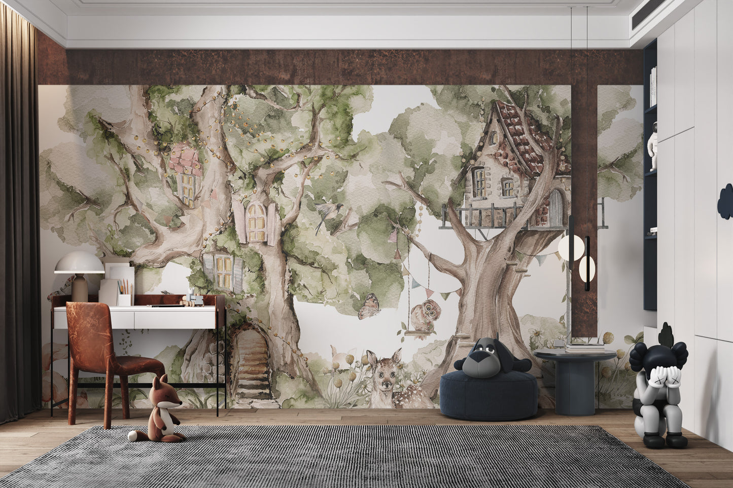 Tree cottage mural featuring lush greenery, birds, and fairy-tale elements.