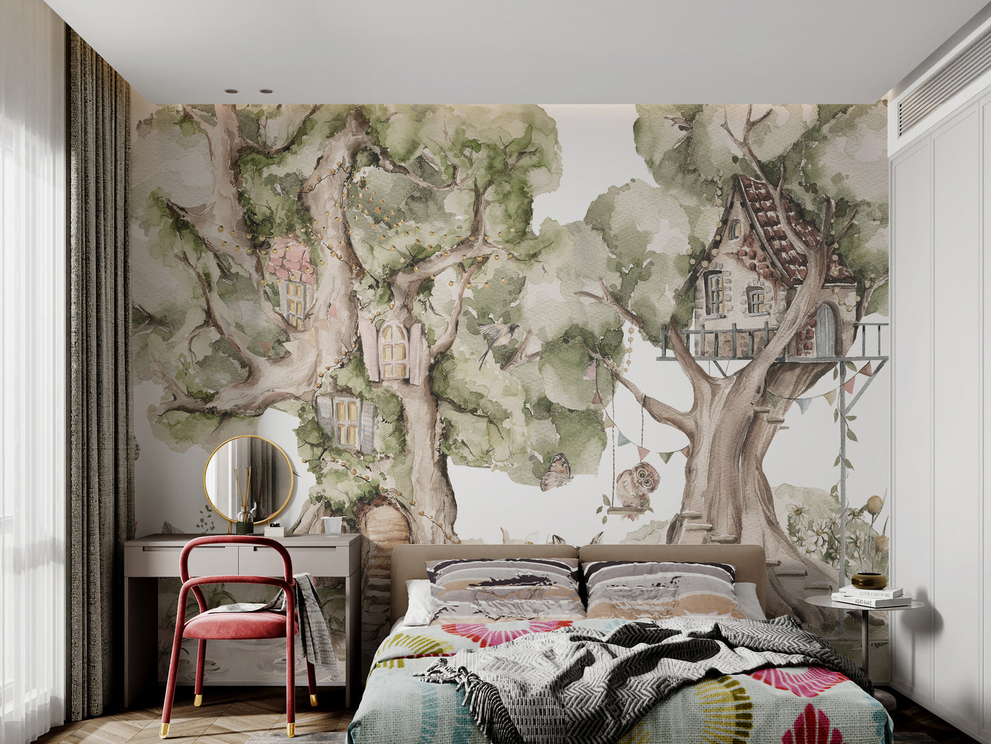 Playful treehouse wallpaper with animals, butterflies, and leafy trees.