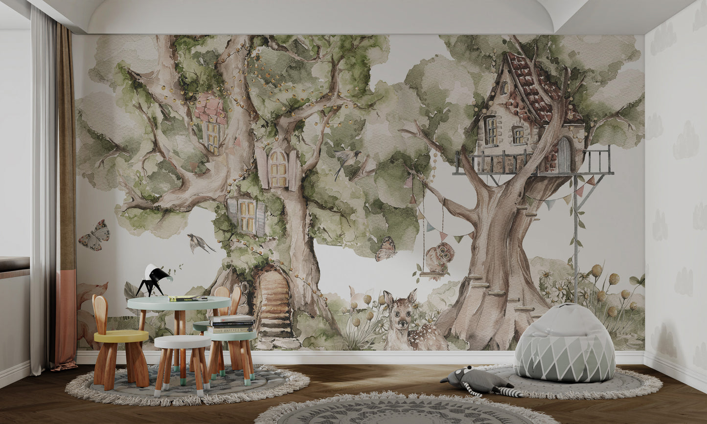 Dreamy watercolor treehouse scene with animals, foliage, and soft colors.