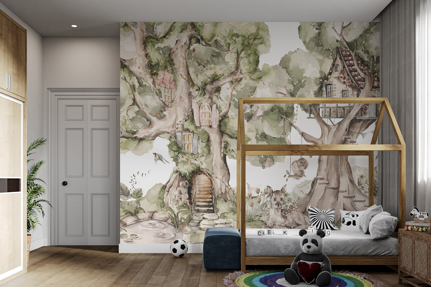 Watercolor forest mural with tree cottages, animals, and a playful swing.