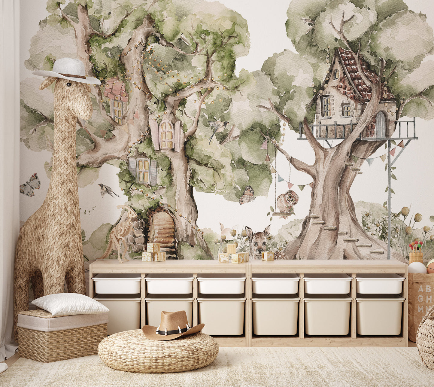 Woodland-themed wallpaper with cozy cottages nestled in large trees.