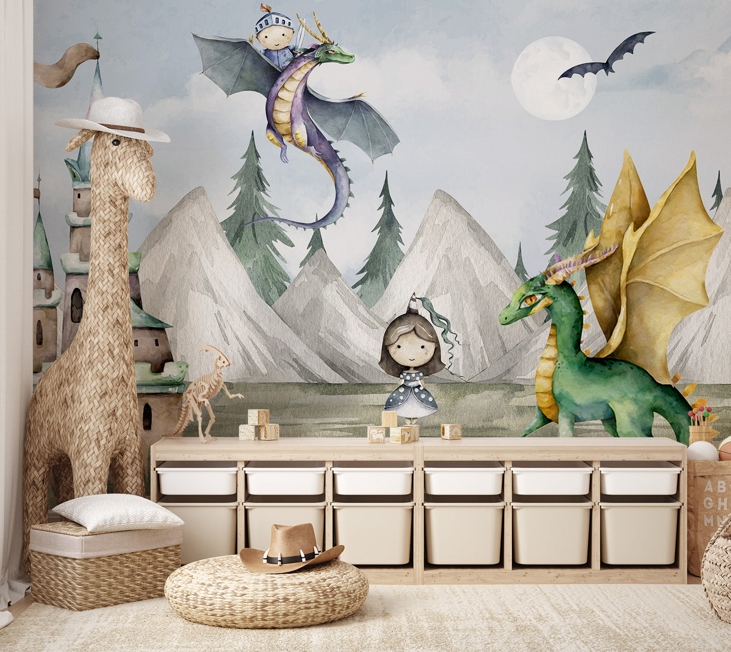 Dragon and princess mural set in magical forest with castle towers.