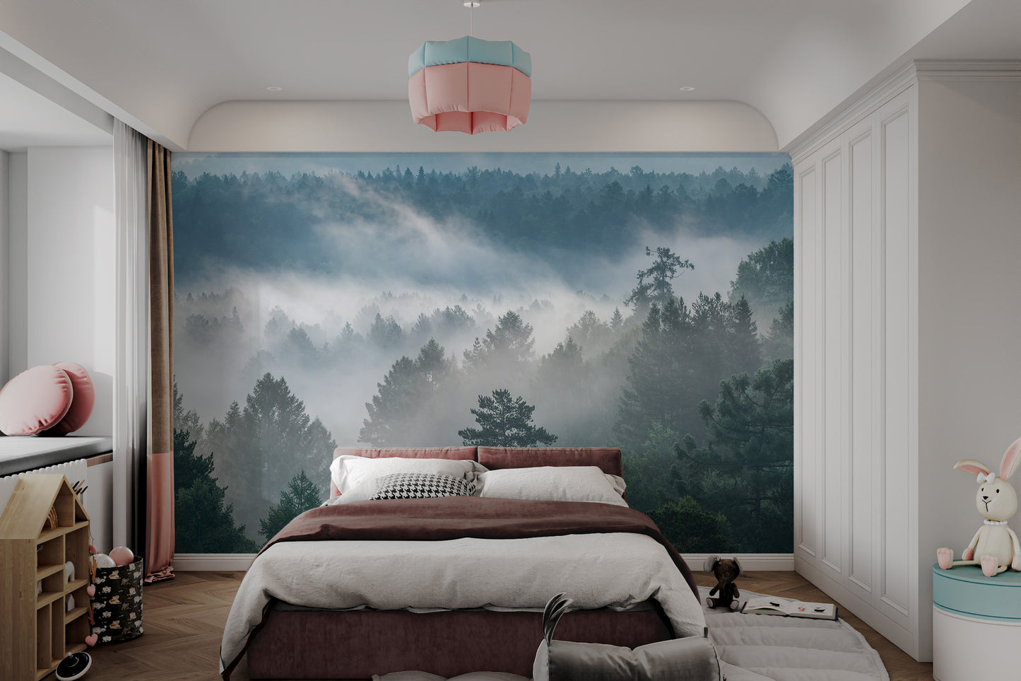 Serene fog rolling over evergreen trees