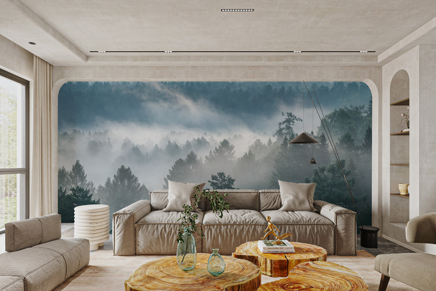 Dreamy mist over tall green pines
