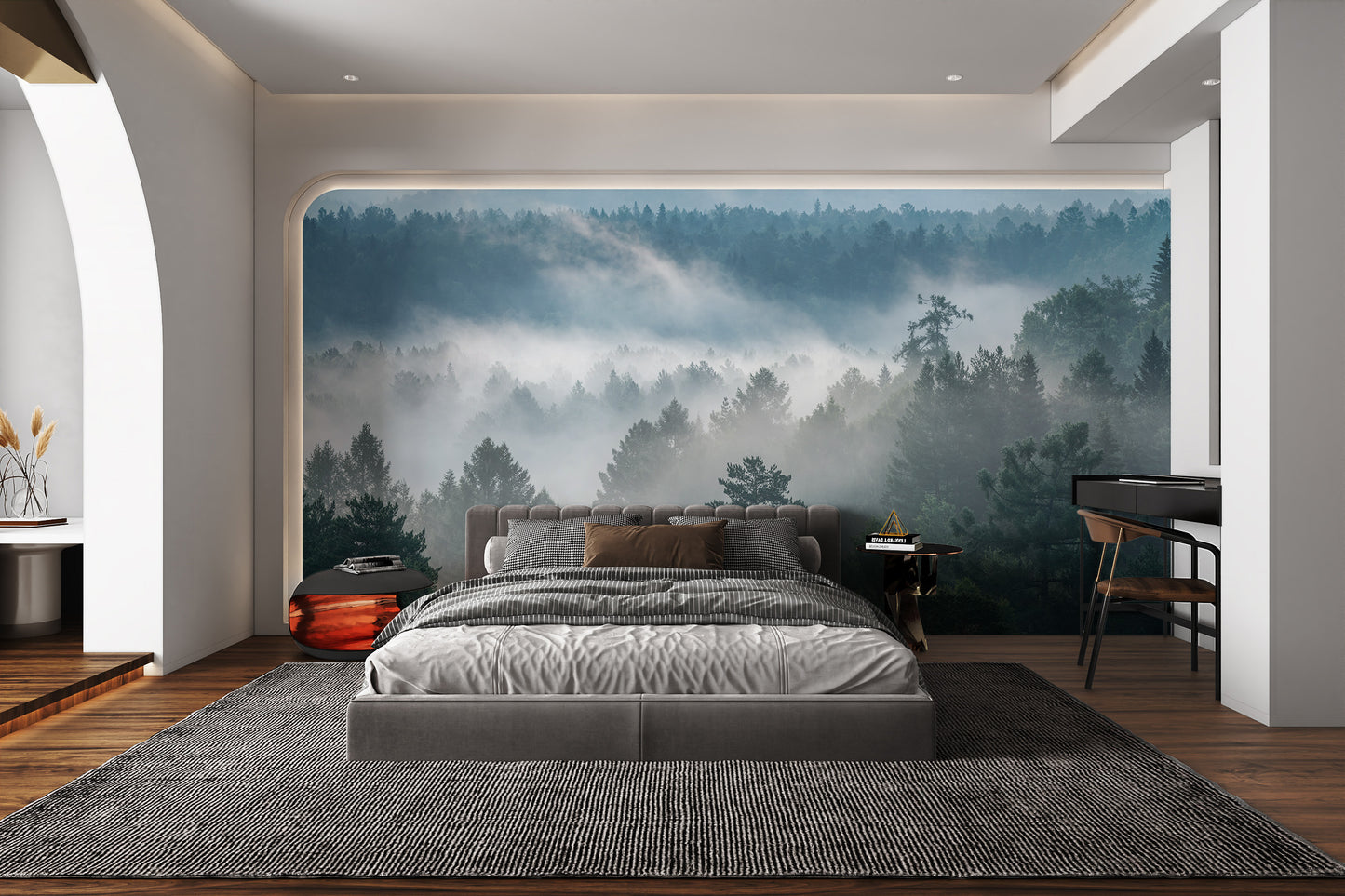 Peaceful forest with morning mist