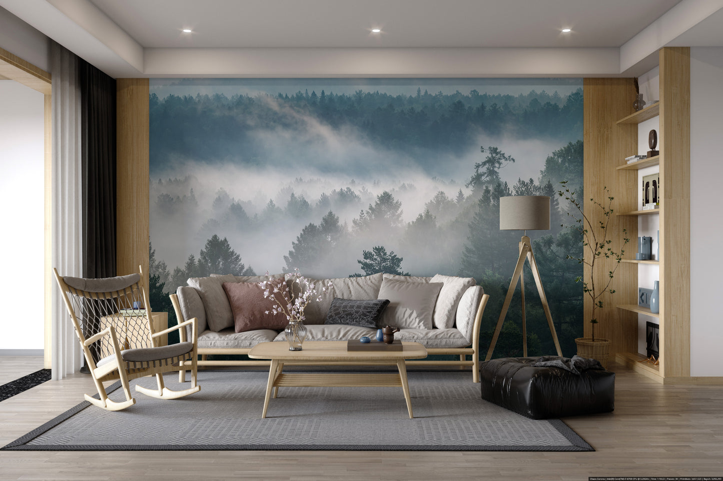 Foggy evergreen forest with soft mist