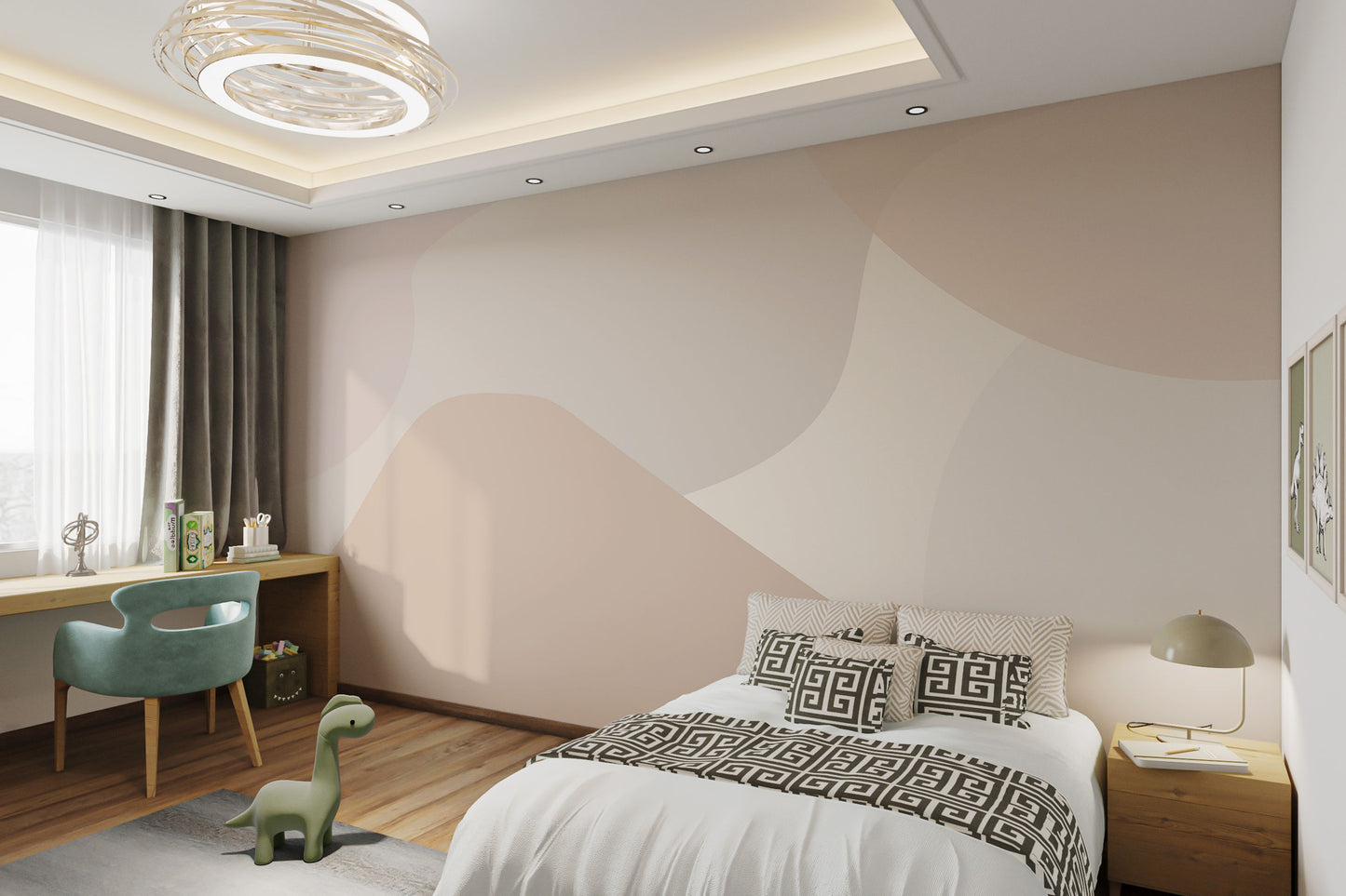 Neutral beige curvy organic pattern wall mural for child's bedroom.