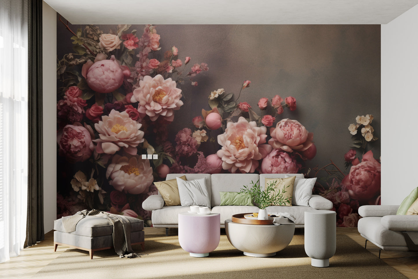 Large-scale vintage floral wallpaper in soft hues