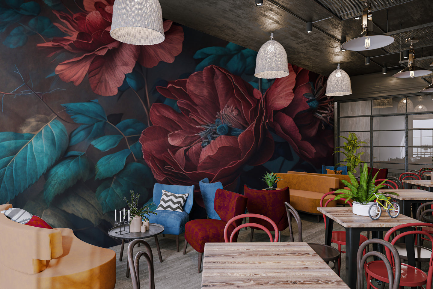 Elegant peony and rose wall mural design