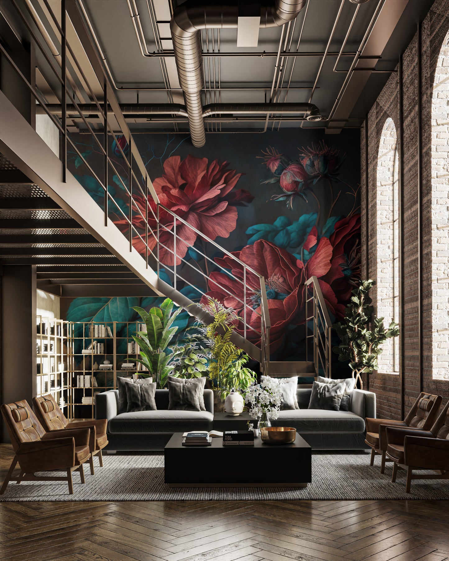 Bold red and teal floral wallpaper for interiors