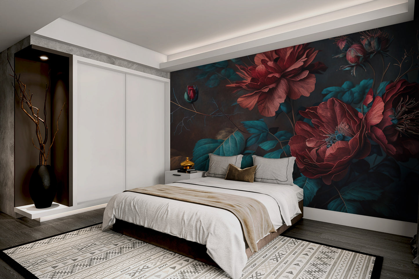 Moody red floral wallpaper with deep crimson roses