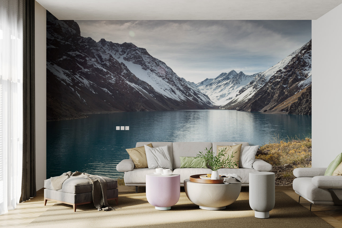 Alpine lake with snowy mountain peaks wallpaper