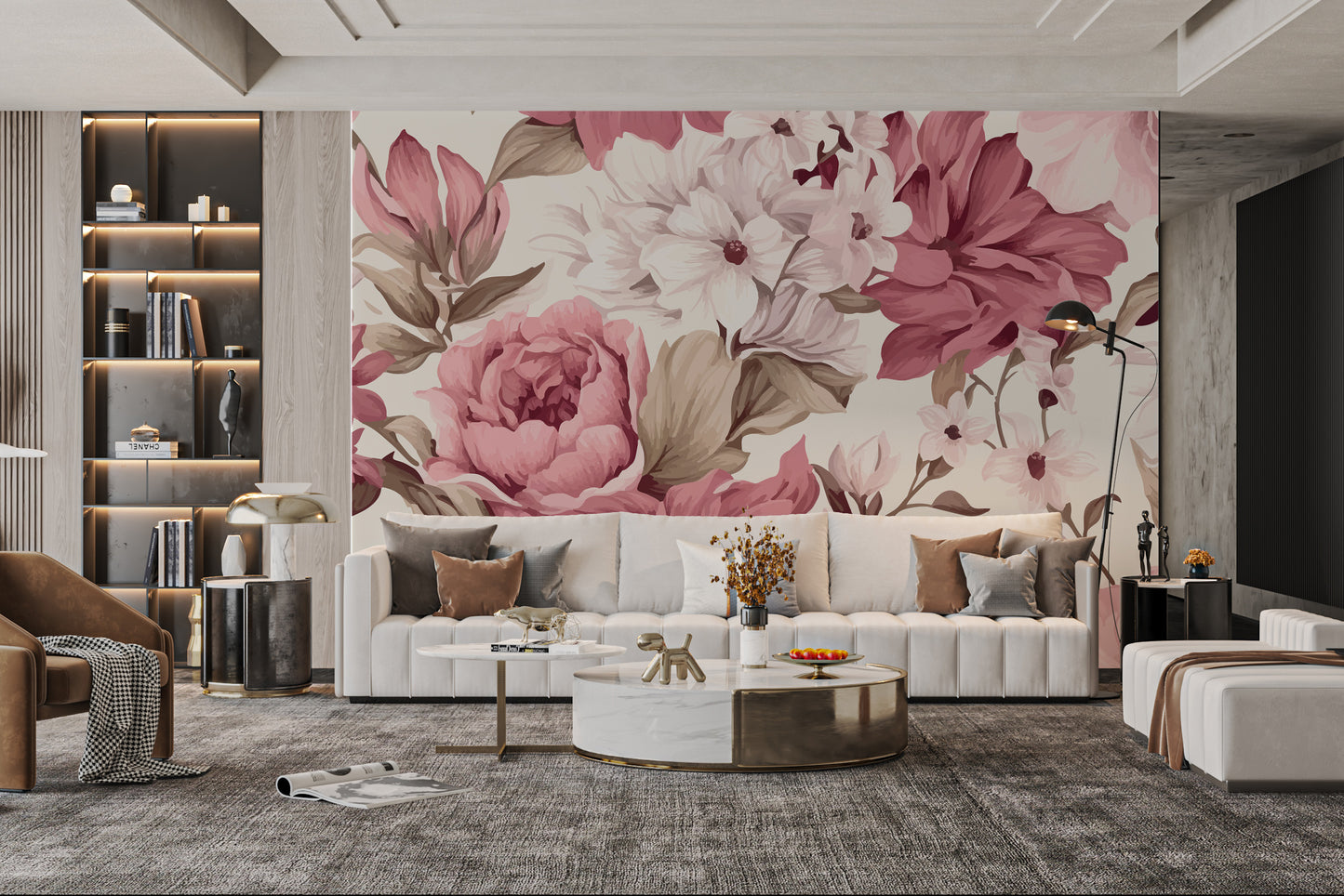 Classic flower wallpaper in pink and white hues