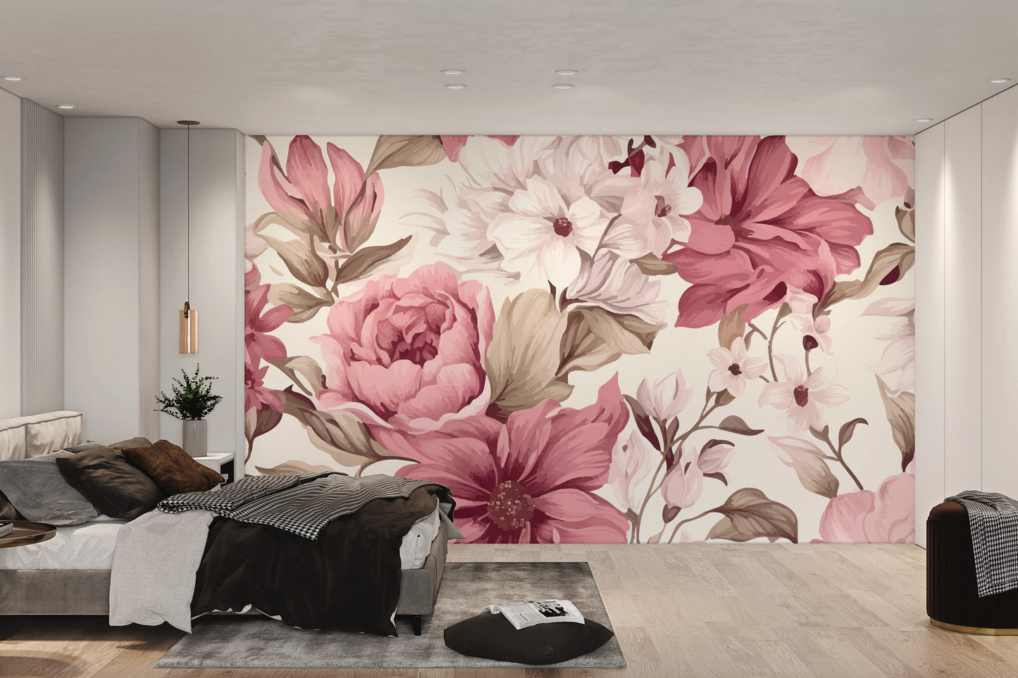 Classic rose and peony wallpaper with neutral tones