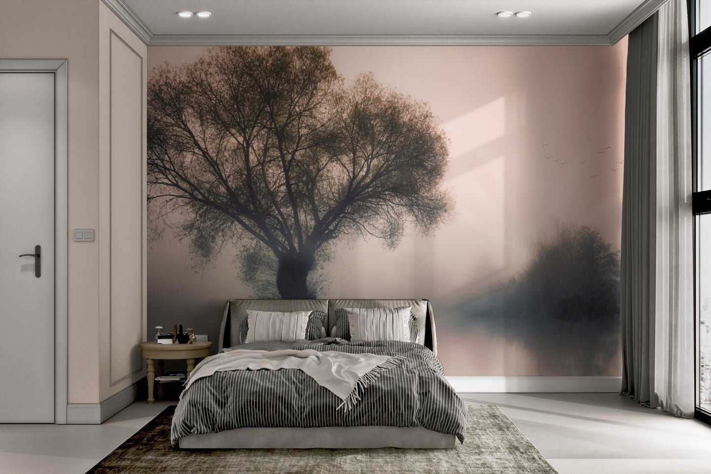 Ethereal nature wallpaper with floating birds