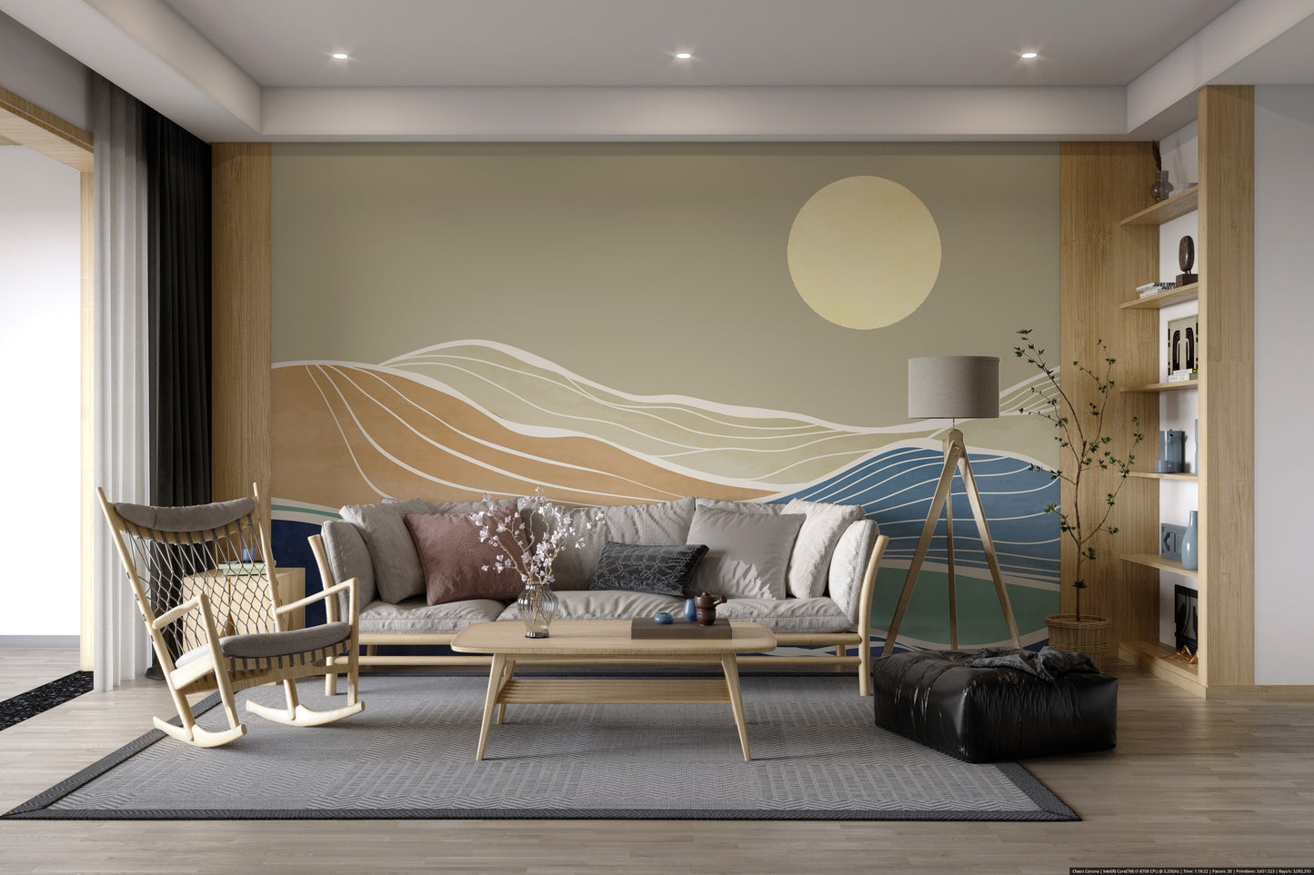 Artistic wave and mountain design with soft tones