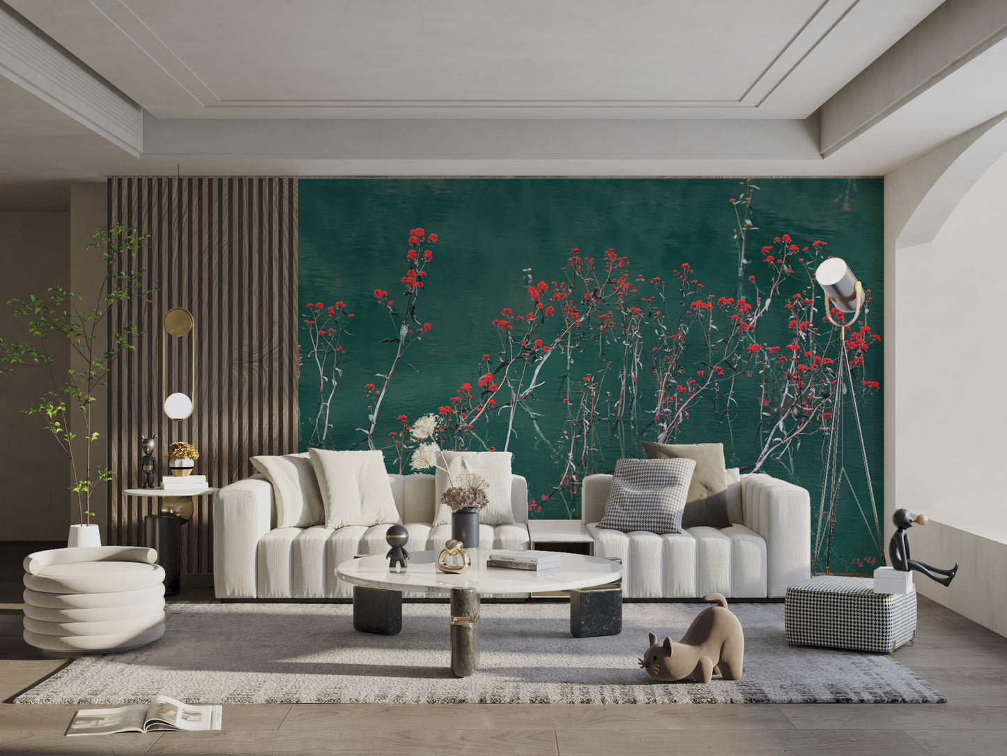 Dreamy floral lake wallpaper with gentle reflections