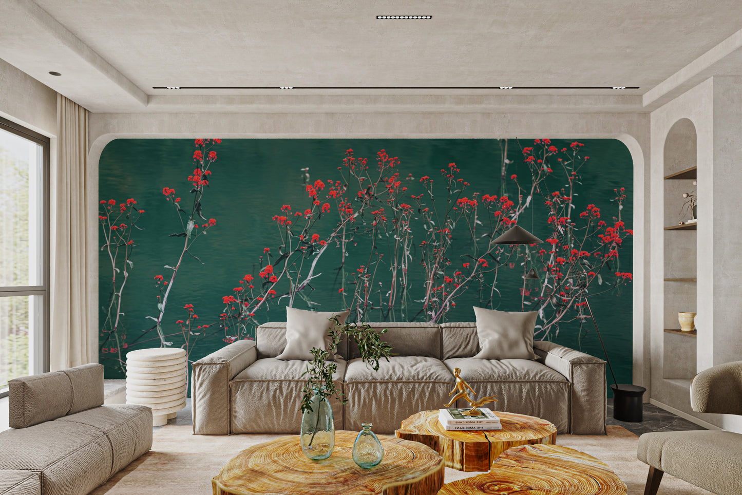 Red floral reflection wallpaper with calm water
