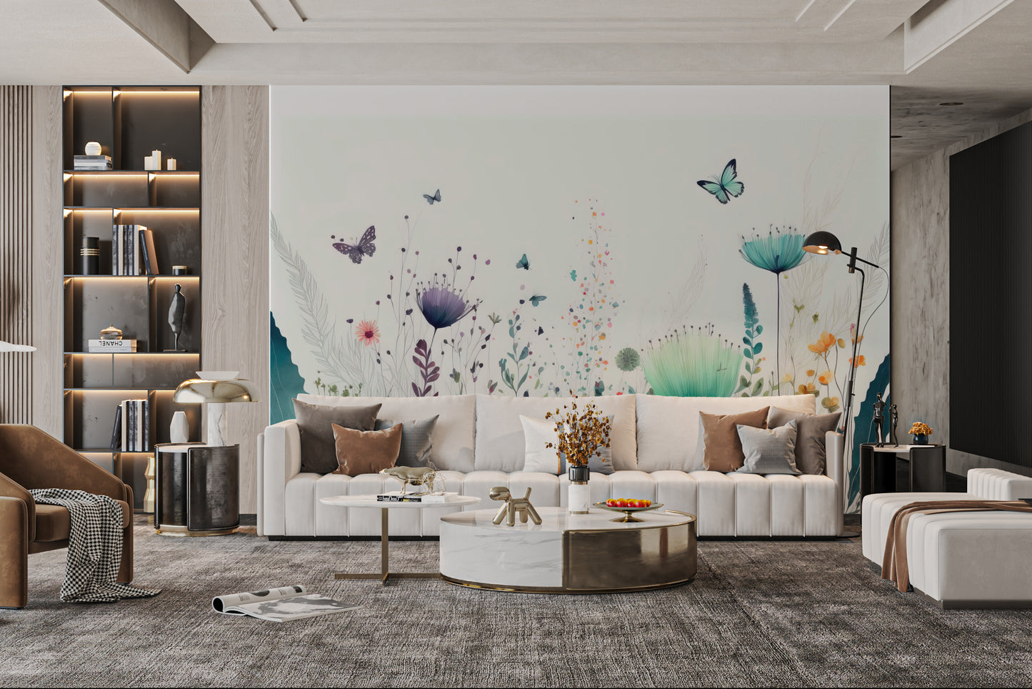Minimalist botanical wall mural with soft tones