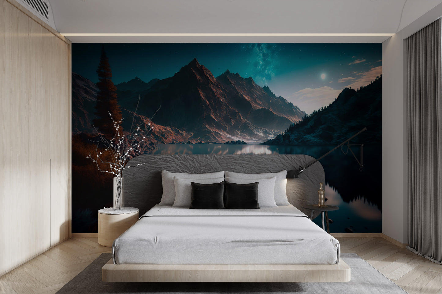 Celestial mountain landscape wallpaper with reflections