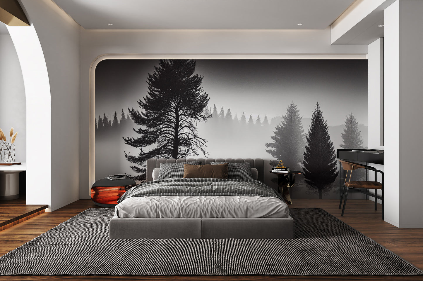 Monochrome nature scene with layered mist