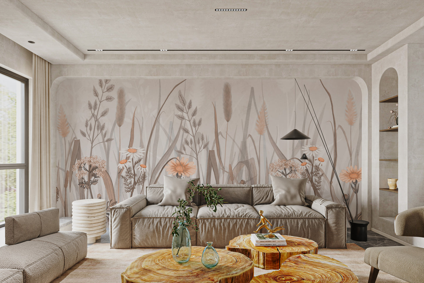 Peach and beige floral wallpaper with rustic charm
