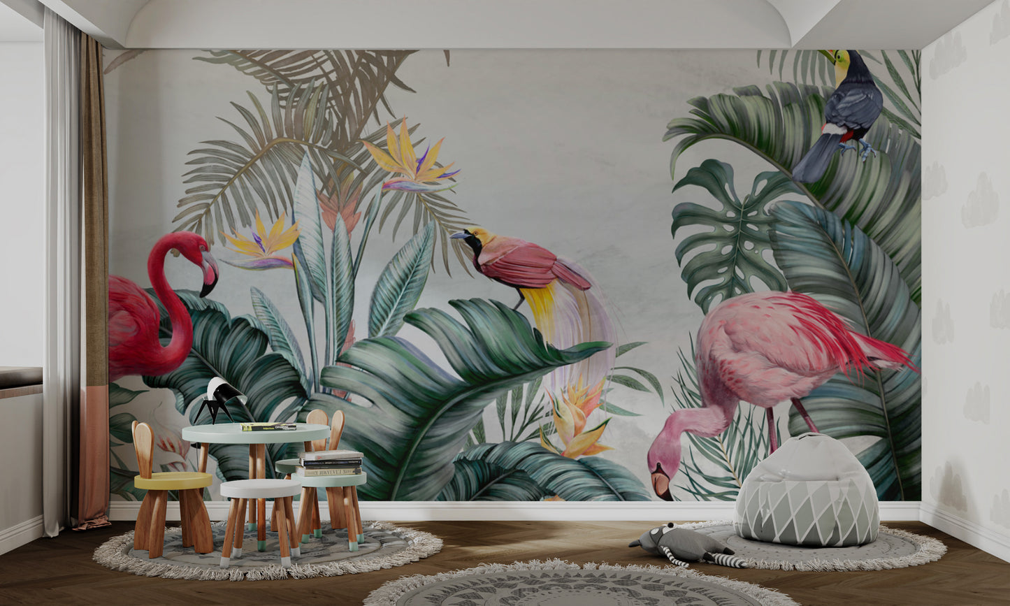Hand-painted toucan mural with lush palm leaves