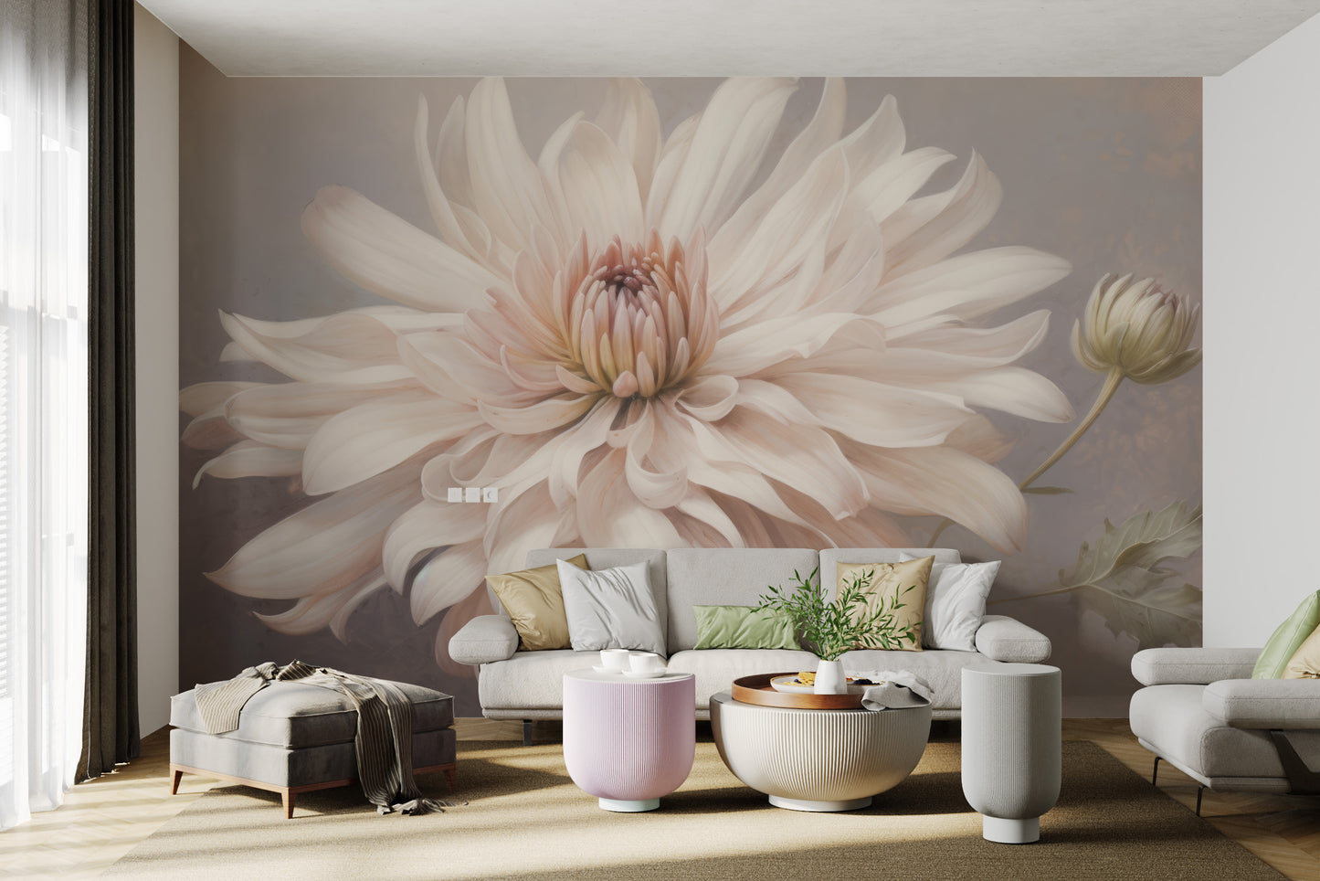 Blush dahlia mural for a soothing wall backdrop