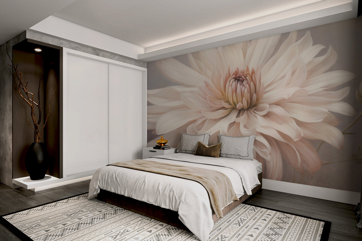 Soft pink dahlia floral wallpaper for bedrooms