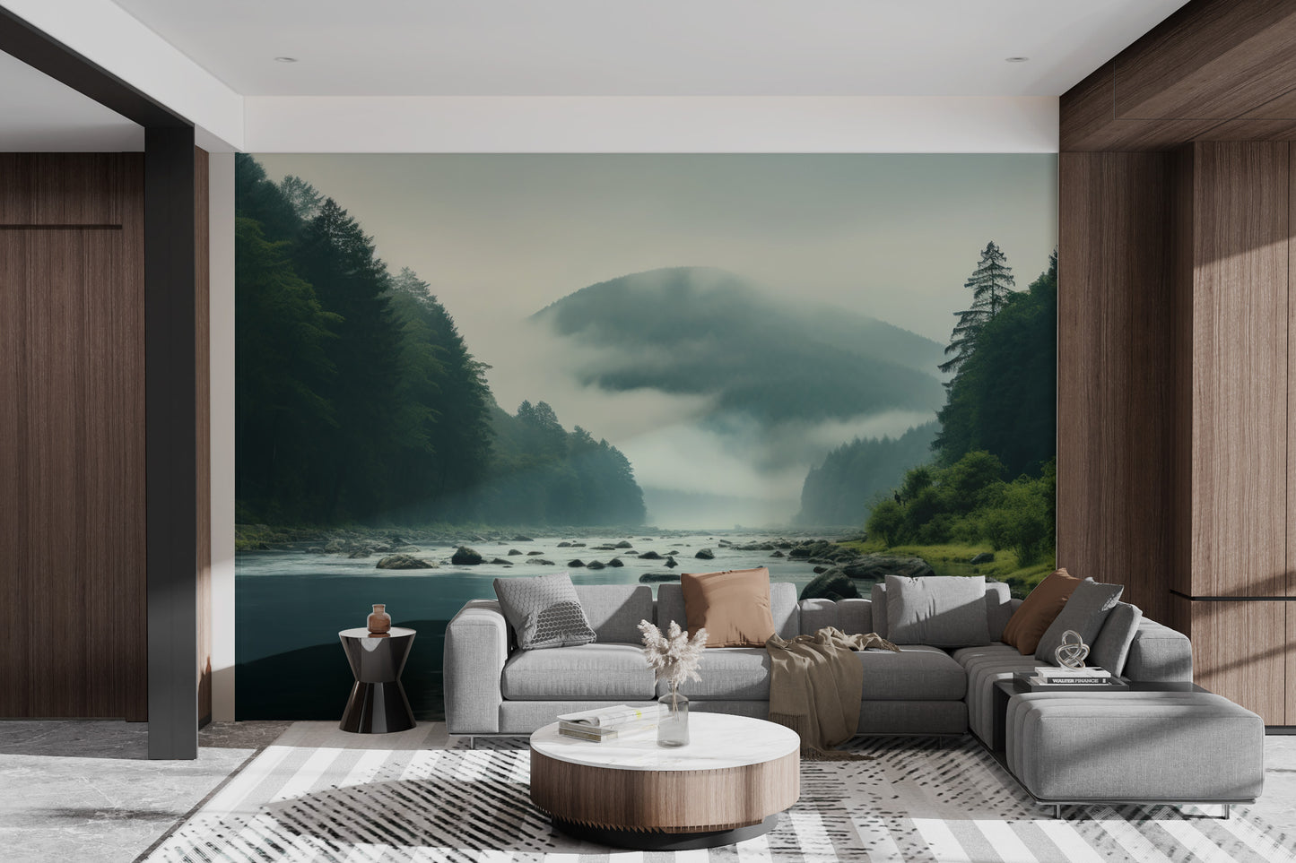 Peaceful river with foggy mountain background