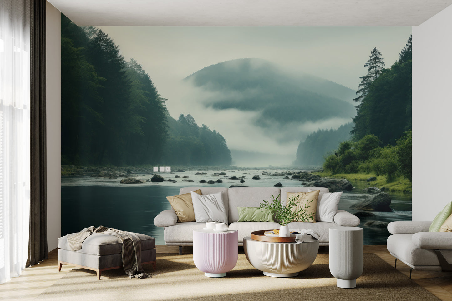 Mountain stream with mist and forest reflections