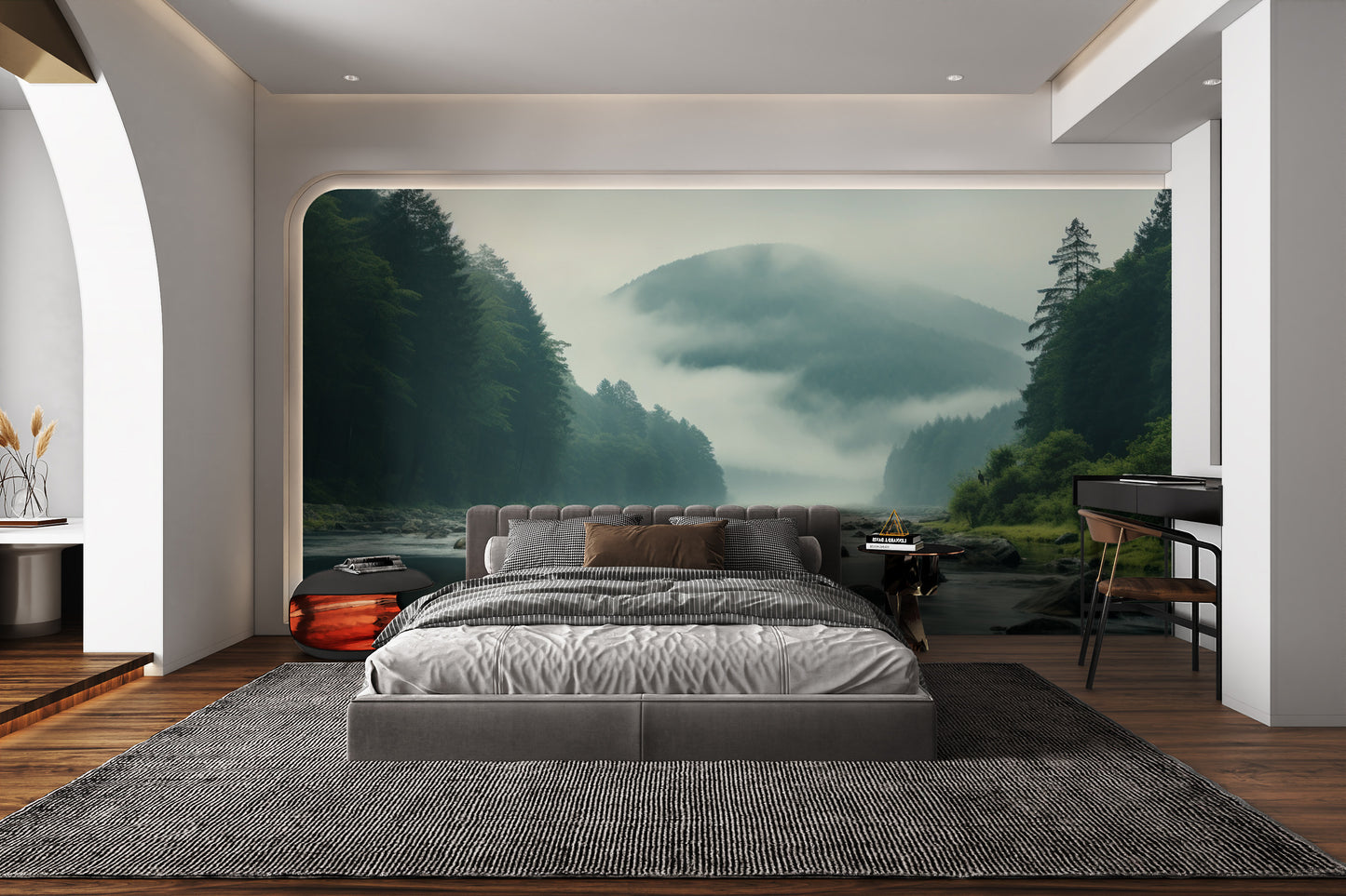 Foggy forest wallpaper with serene river and rocks
