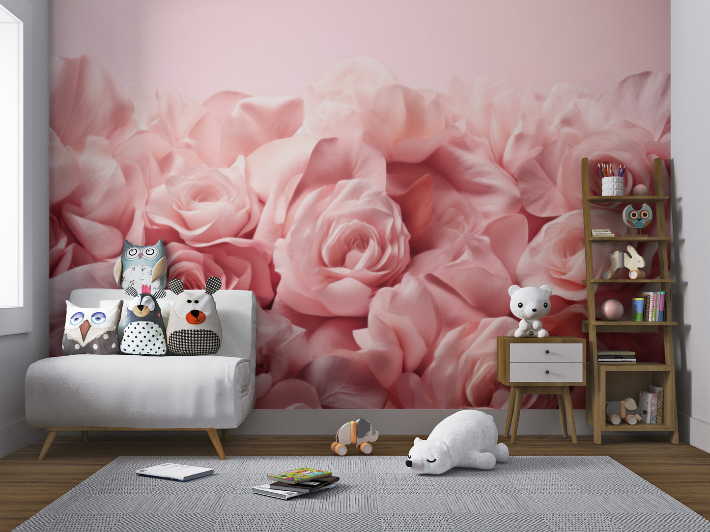 Soft pink roses close-up in a floral wall mural