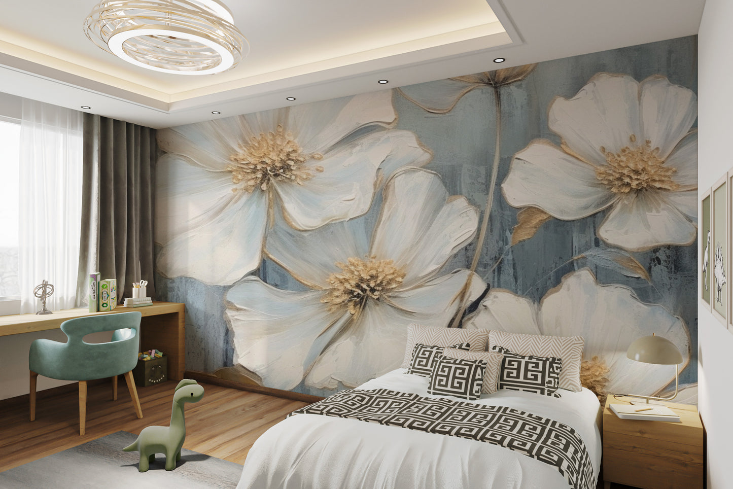 Large flower mural with a soft textured blue backdrop