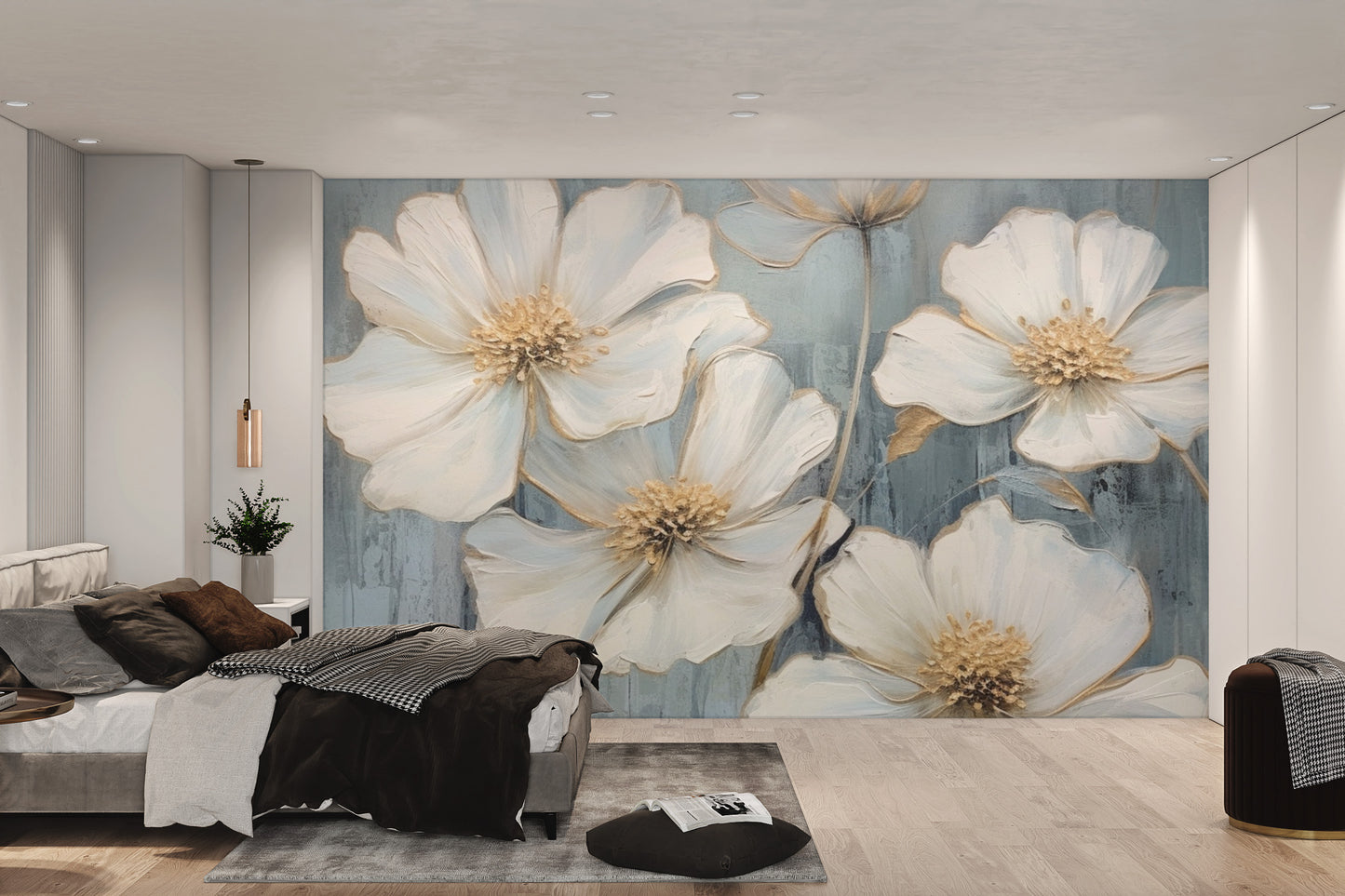 Blue floral wallpaper with white blossoms and gold accents
