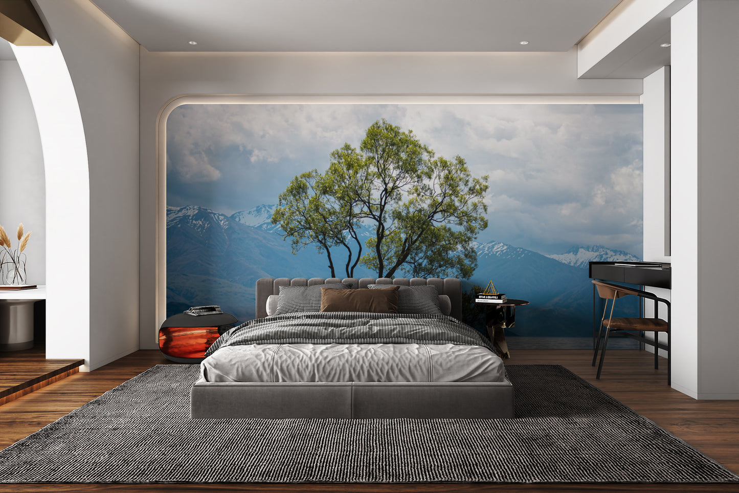 Mountain and tree wallpaper with cloudy sky reflection