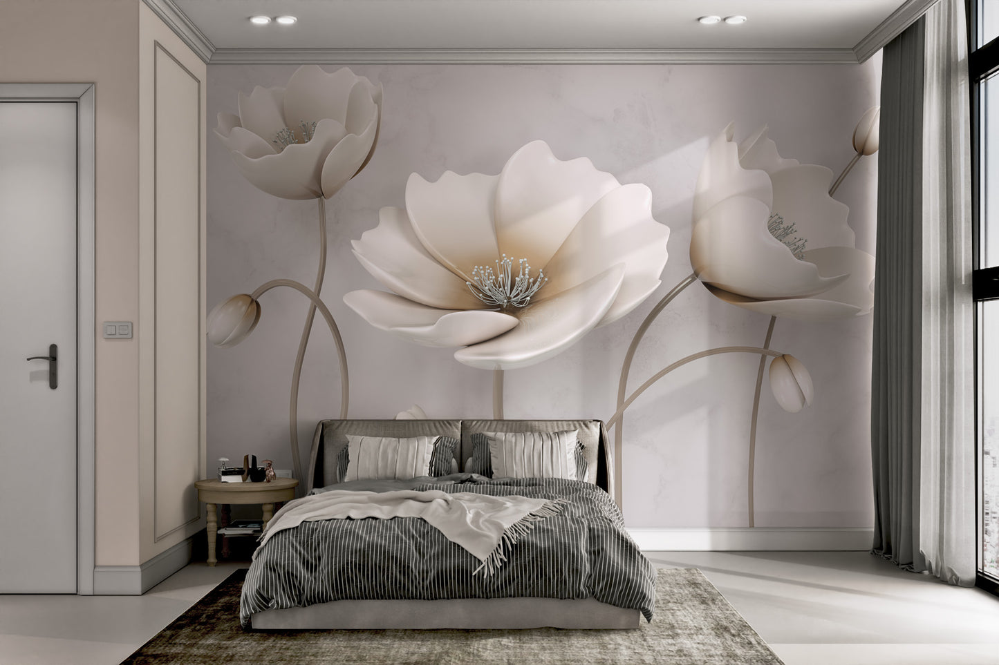 Luxury floral mural with white flowers and stems